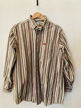 Vintage Carhartt Men's Striped Button-Down Shirt in Cream, Brown & Red  Size XXL